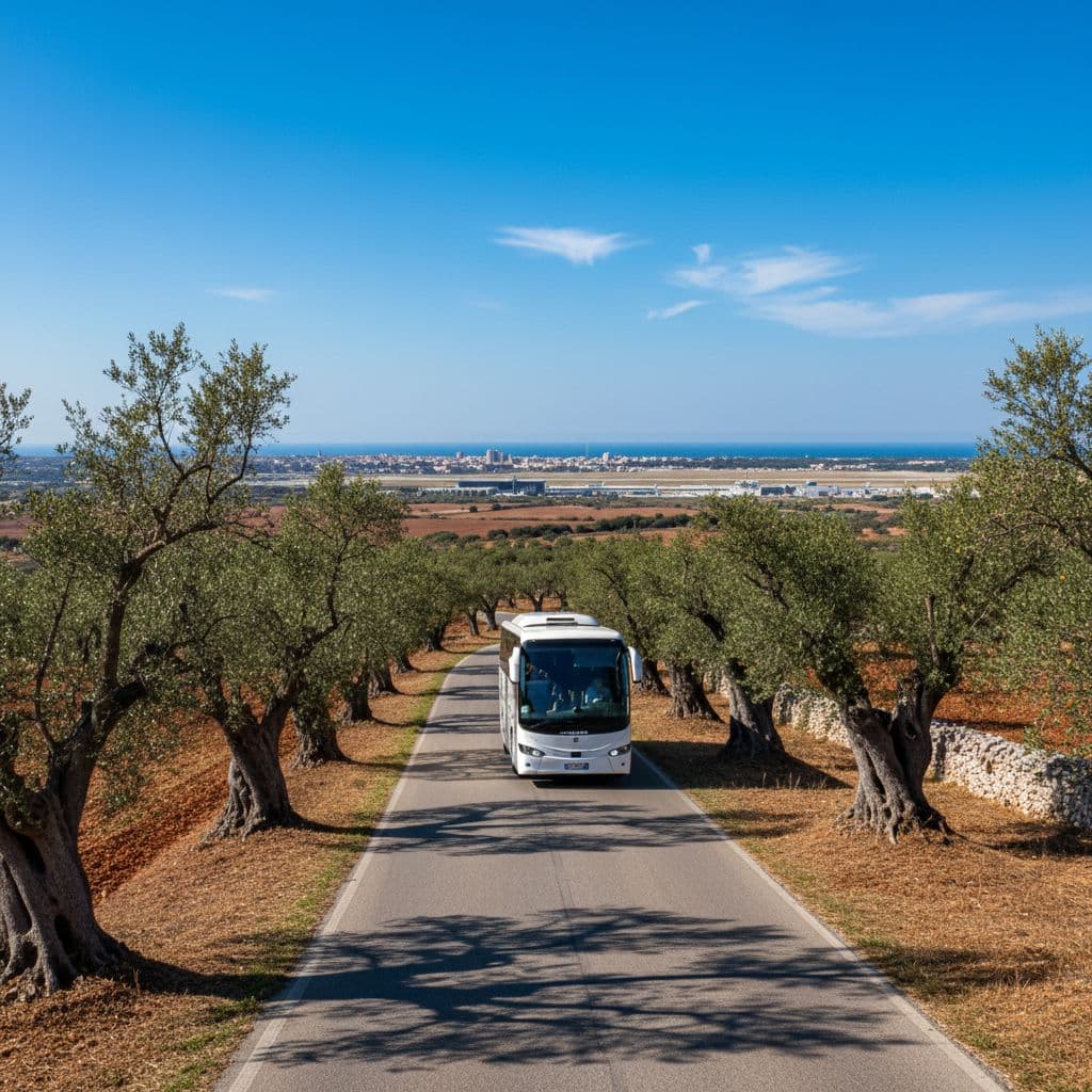 Modern white bus drives asphalt road between ancient olive trees in sunny Puglia.