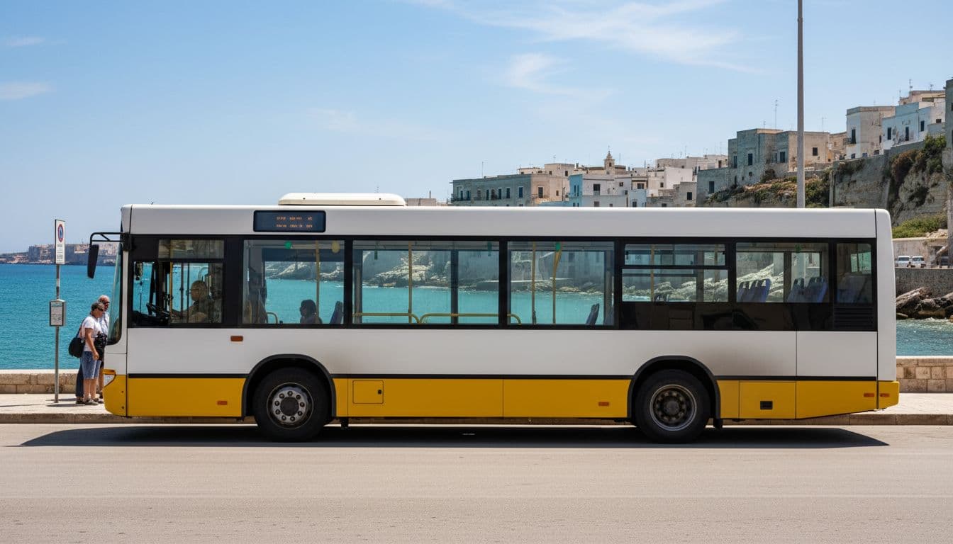 Yellow and white local bus parked near Monopoli sea with open door and passengers waiting.