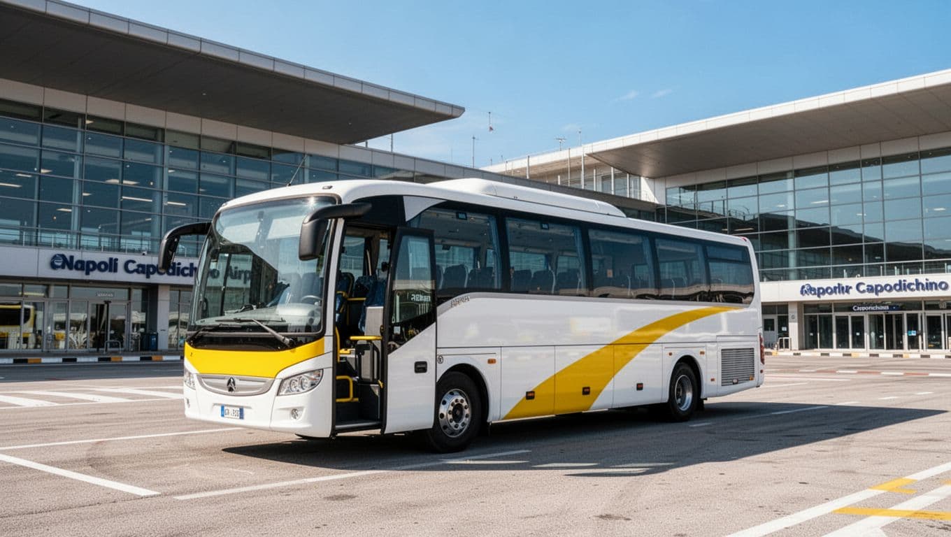 Parked bus with open door in vacant external bus terminal at Naples Capodichino Airport, modern buildings and clear sky behind.