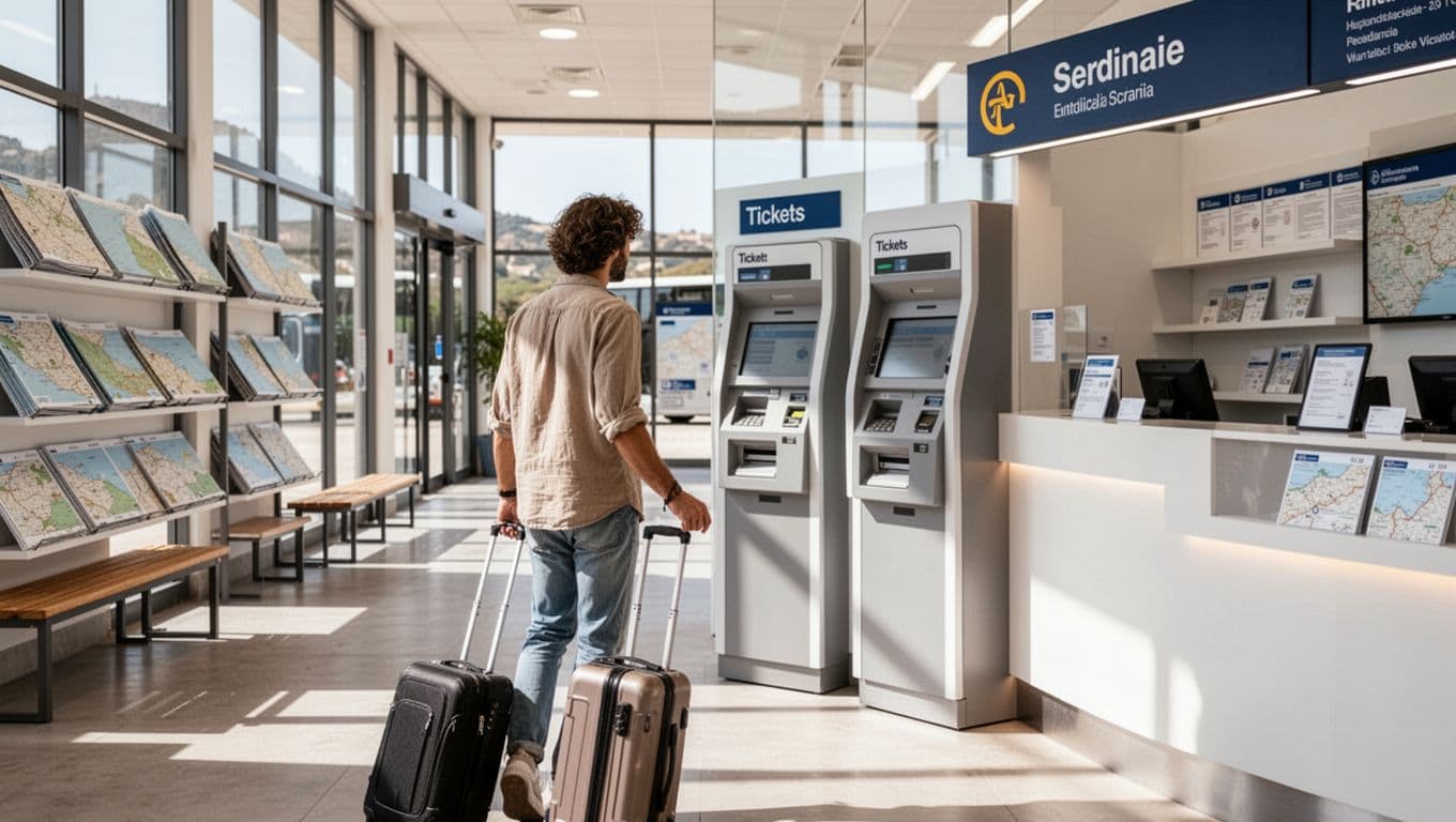 Traveler with suitcase approaches ticket vending machine and counter in modern bus station with benches and map shelves.