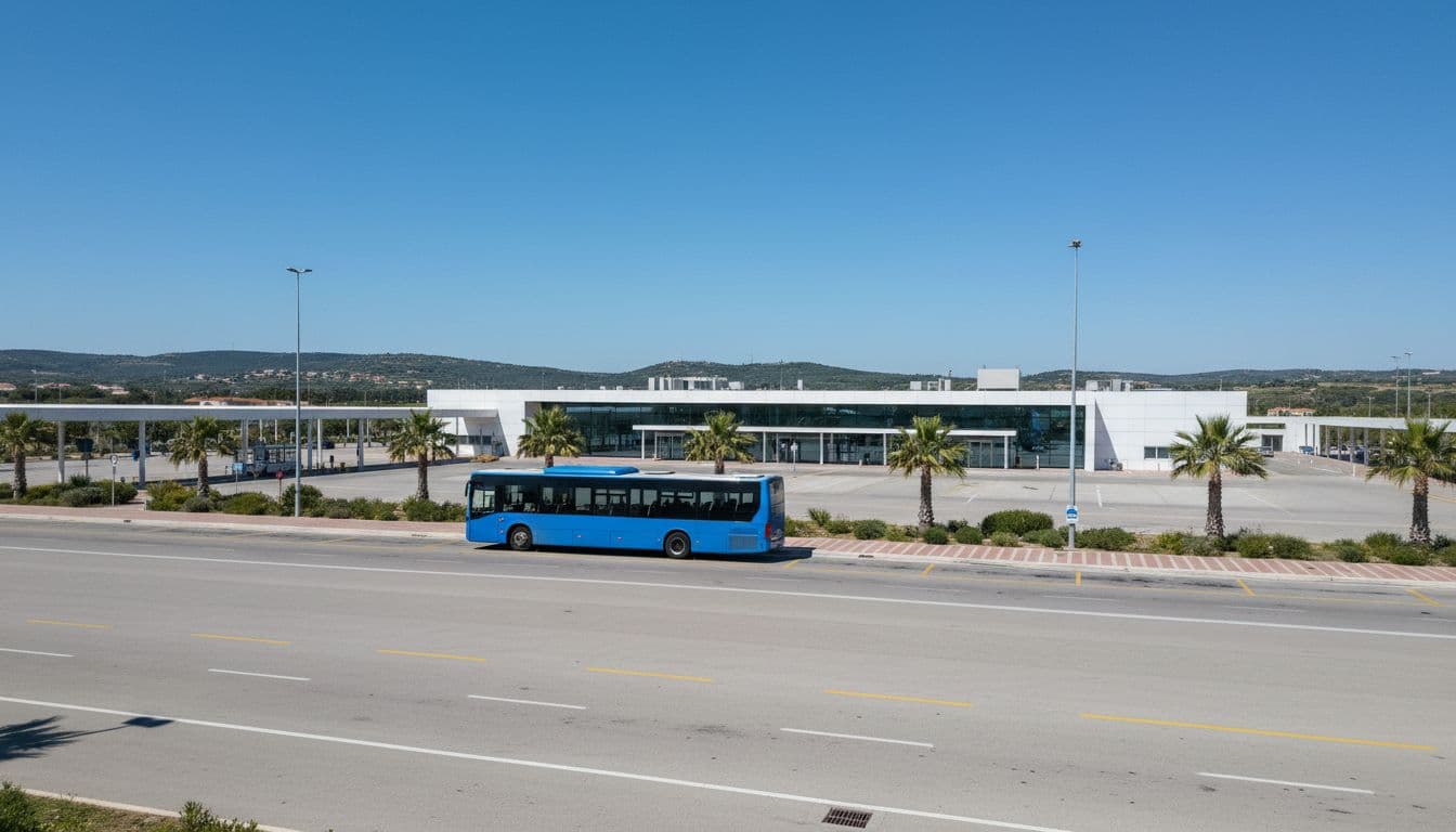 A bus is parked in the terminal arrival area at Olbia Costa Smeralda Airport under a clear blue sky.
