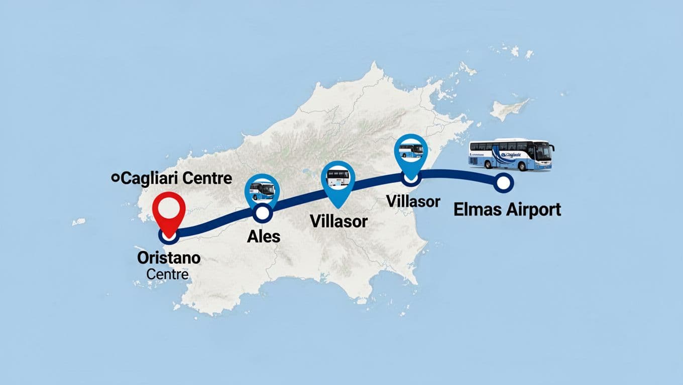 Stylized map of bus route from Oristano to Cagliari Airport with highlighted stops on central Sardinia background.