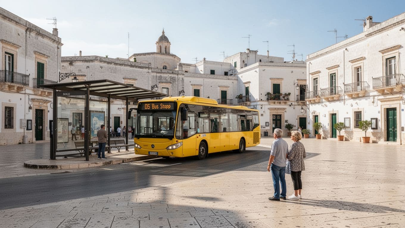 Sunny piazza with white historic buildings, yellow STP bus arriving at main stop, two distanced people waiting.