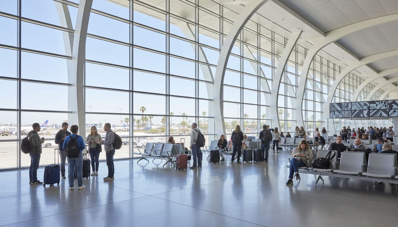 Travelers wait inside a spacious, sunlit airport terminal with floor-to-ceiling windows overlooking the tarmac.