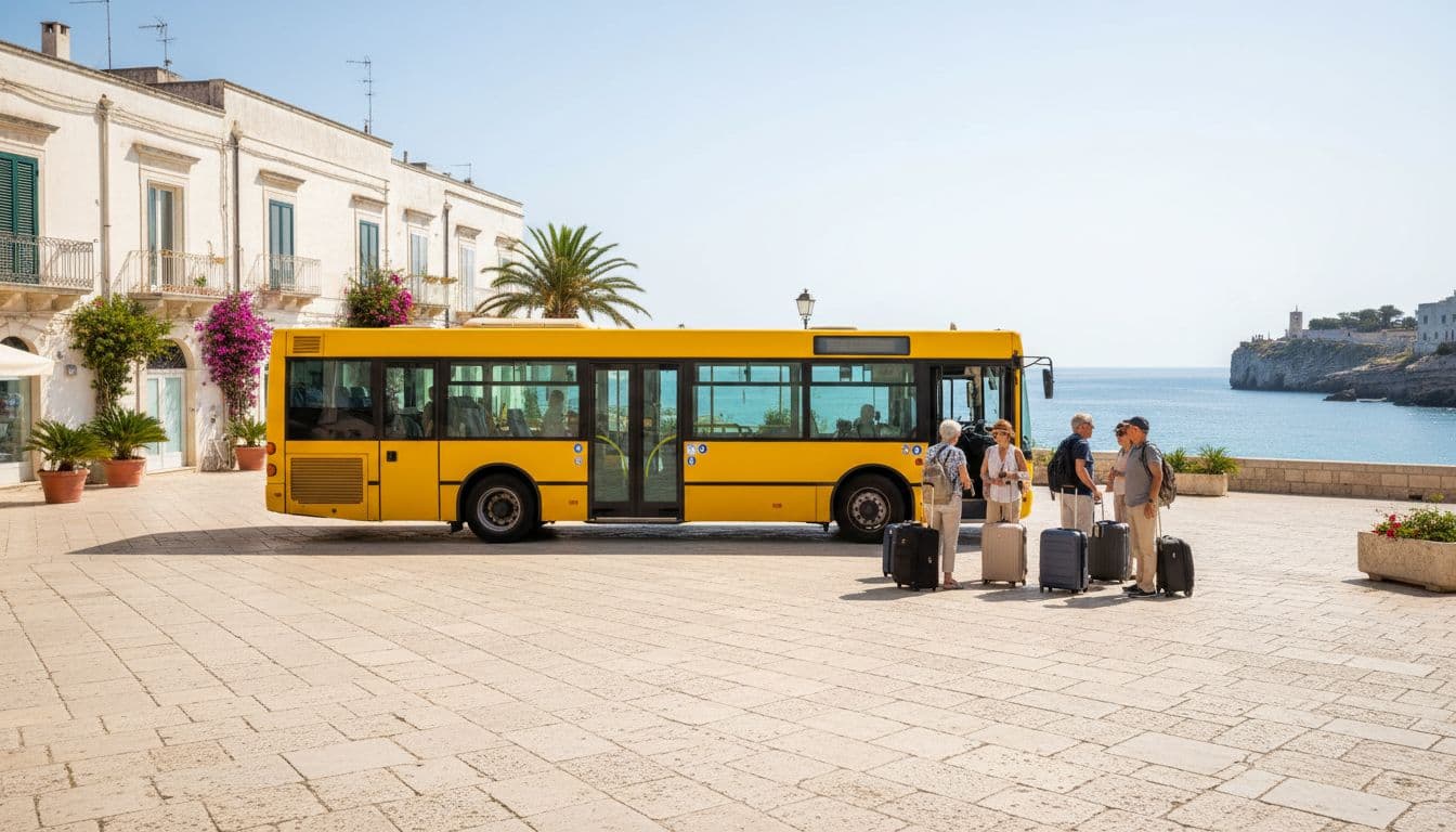 Yellow local bus stops in sunny Polignano a Mare square with Adriatic Sea view and white Puglian buildings.