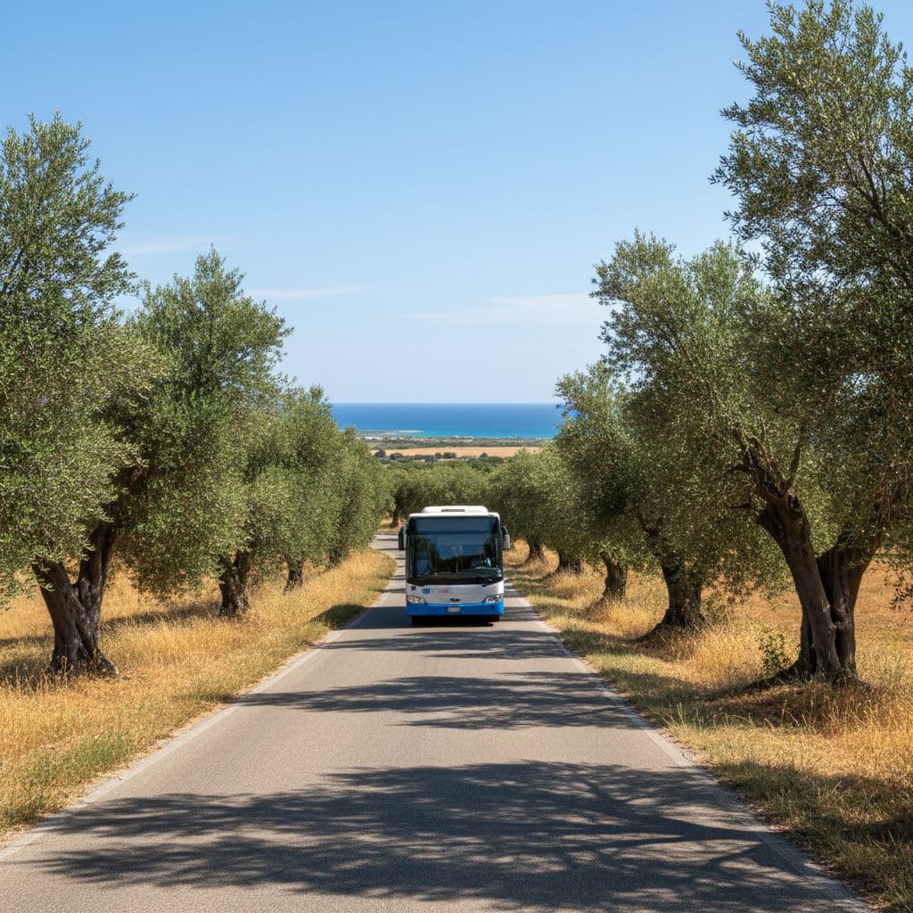 Intercity bus travels sunny road surrounded by olive trees in Salento summer landscape.