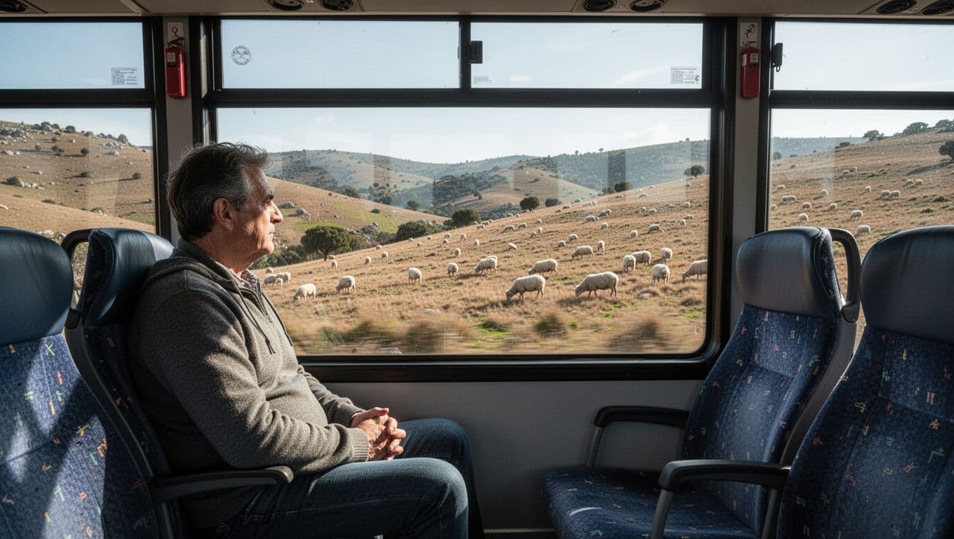 Inside a bus, a passenger sits with hands in lap, looking out window at hills and grazing sheep.