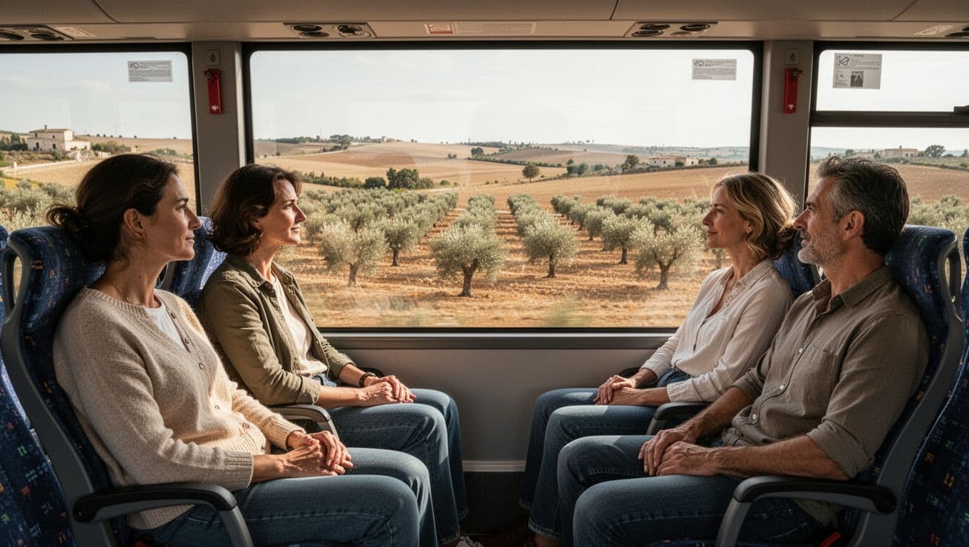 Four passengers sit relaxed in STP Brindisi bus, viewing Puglia olive groves and fields through wide windows.