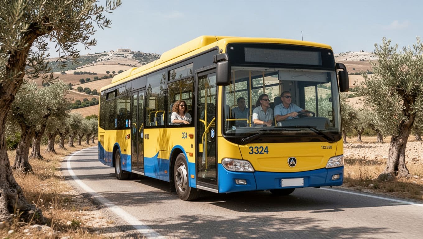 Yellow and blue bus speeds along sunny Puglian road through olive groves and Murgia hills, two people at window.