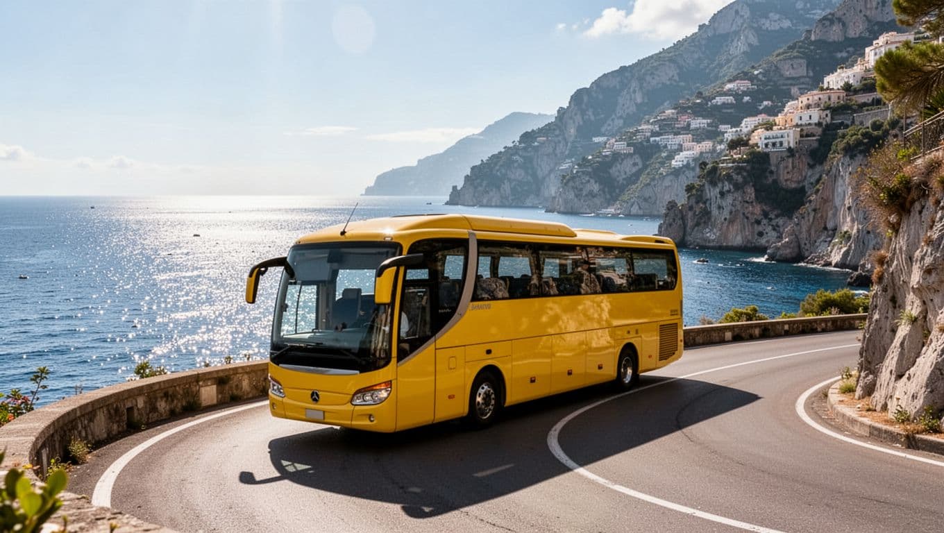 Yellow tourist bus travels curving SS163 road along Amalfi Coast with blue sea and rocky cliffs under summer sun.