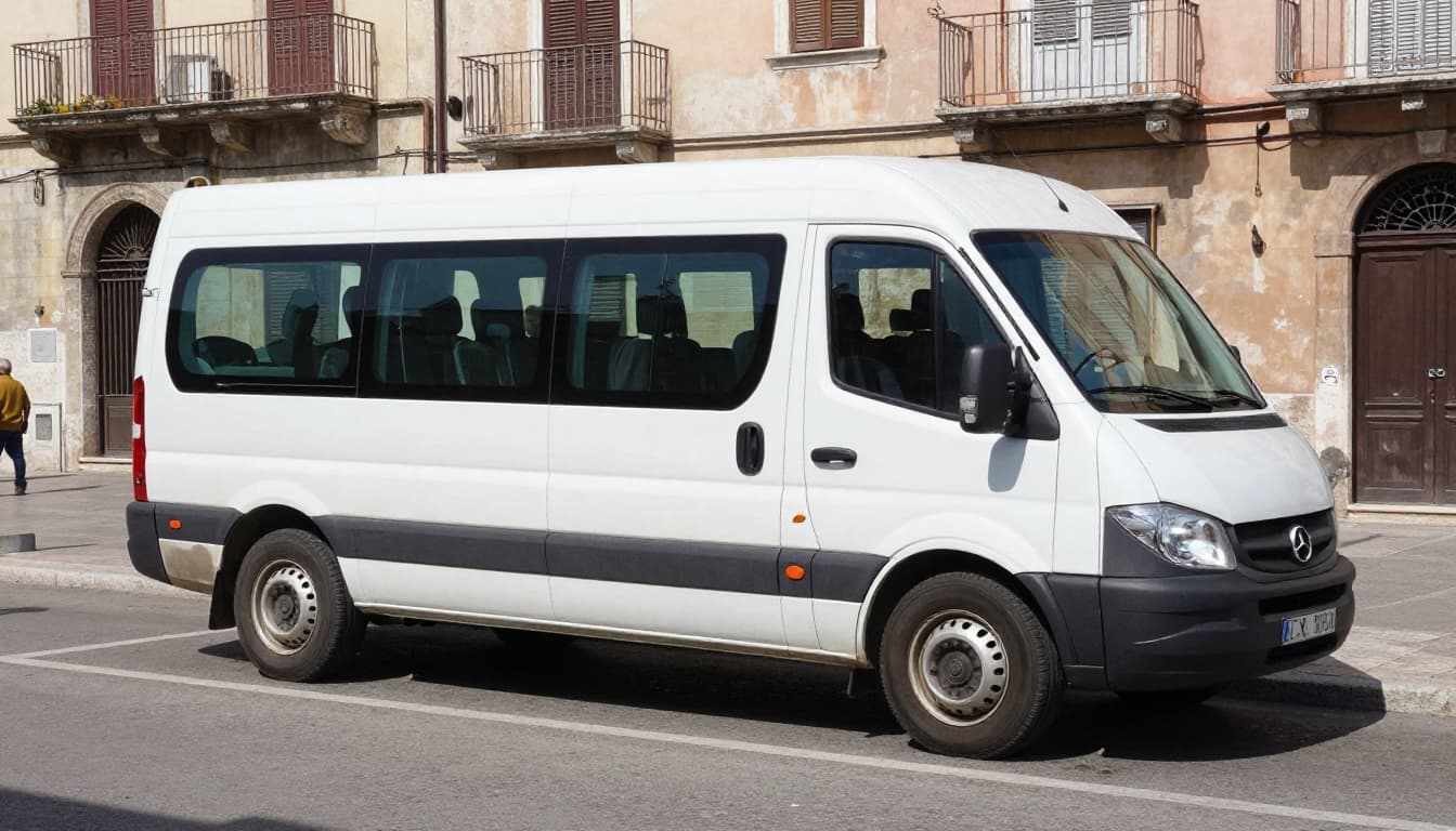 Yellow local bus parked at a stop in Andria's historic square under sunny Puglian skies, side view with open door.