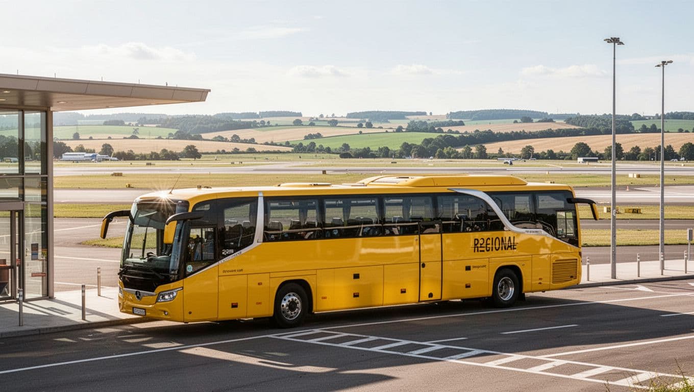 Yellow Sardinian bus parked near Cagliari-Elmas Airport entrance, with views of airport and countryside on sunny day.