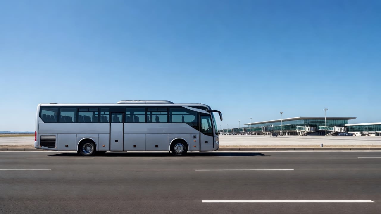 A sleek white bus travels along a sprawling highway under a clear blue sky. In the hazy distance, the architectural silhouette of a large airport terminal awaits incoming passenger traffic.