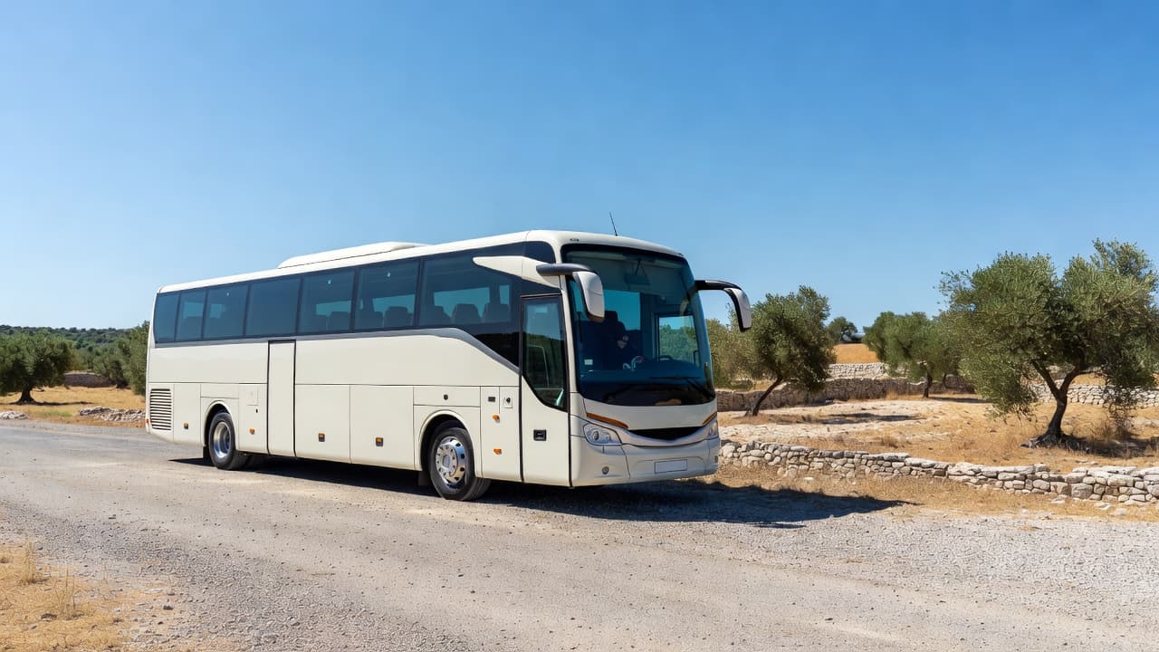Un autobus di linea moderno è parcheggiato in una piazzola di sosta sotto un cielo azzurro e limpido. La luce solare illumina l'asfalto e i dettagli del mezzo in un paesaggio pugliese.