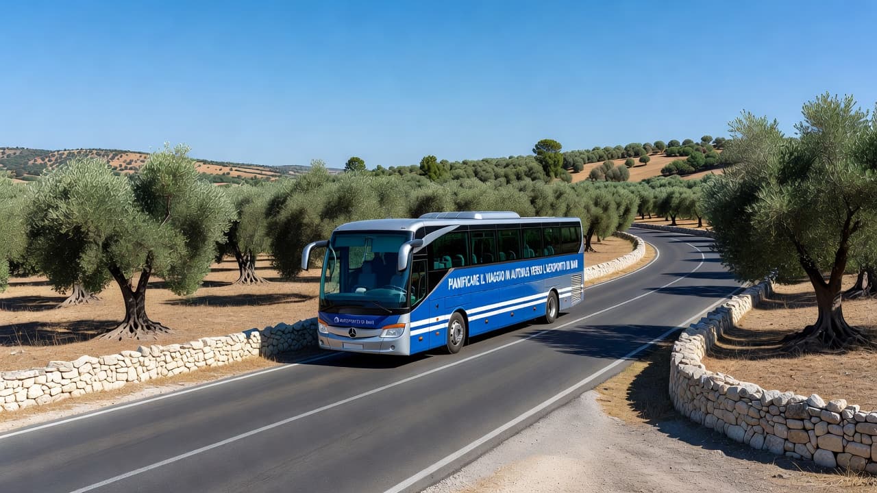 Un moderno autobus turistico percorre una strada rurale immersa tra antichi ulivi e muretti a secco sotto un cielo terso. La luce solare illumina il paesaggio tipico della campagna pugliese.