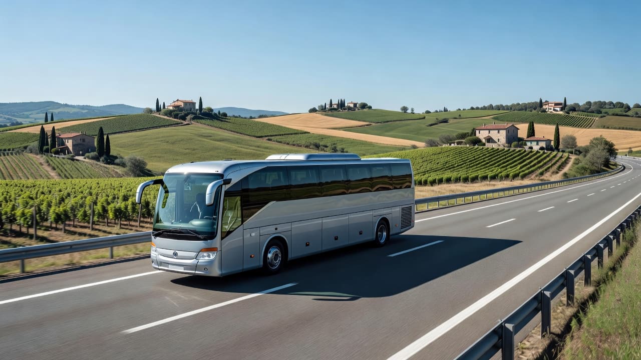 Un autobus turistico contemporaneo percorre una strada asfaltata circondata da colline dolci. La luce naturale del giorno illumina il veicolo, catturando i dettagli della fiancata mentre viaggia verso la destinazione aeroportuale.