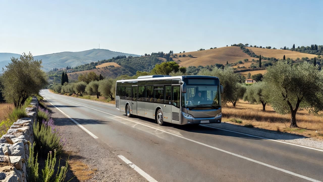 Un autobus moderno percorre una strada asfaltata in un paesaggio suburbano italiano. Sullo sfondo si scorgono colline ondulate sotto una luce naturale intensa durante una giornata estiva serena e senza traffico.