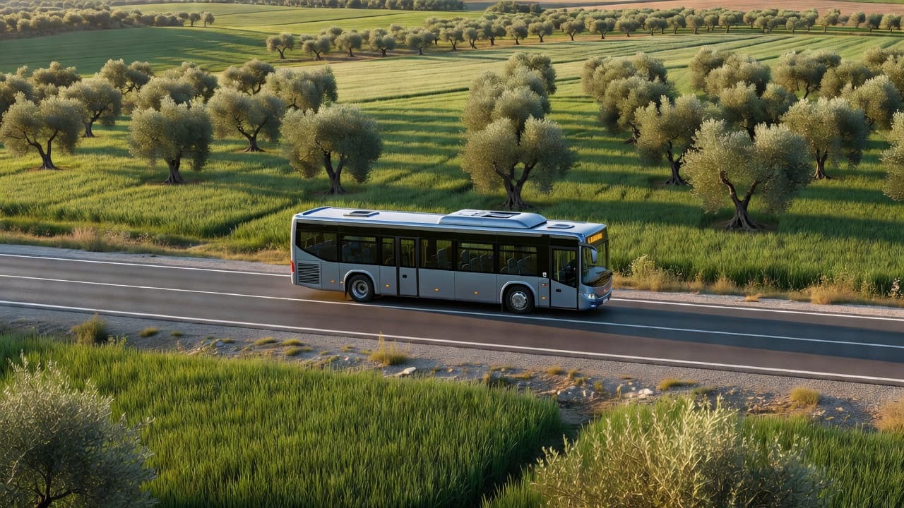 Un autobus di linea moderno percorre un tratto asfaltato tra San Severo e Bari. La carreggiata è fiancheggiata da distese di campi coltivati e alberi di ulivo secolari sotto la luce pomeridiana.