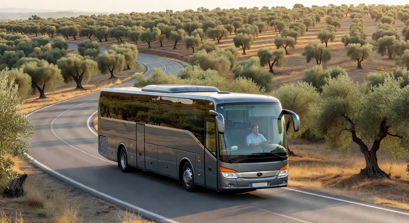 A modern public transit bus travels along a scenic road in Puglia during the early morning. Olive groves line the landscape, while the driver is visible through the side window.