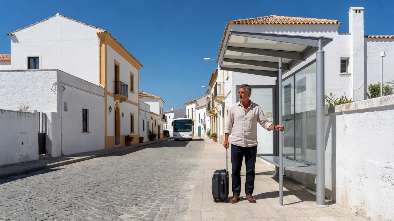 A single traveler waits patiently under the shaded shelter of a modern bus stop in a sun-drenched Italian village. A parked bus is visible in the distant, shimmering heat haze.