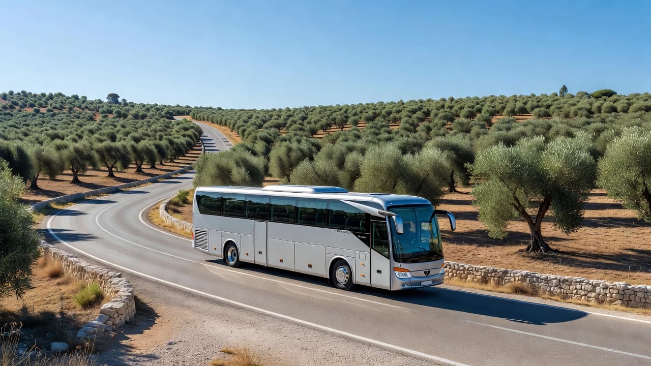 A sleek, contemporary passenger bus travels along a sun-drenched road through the Apulian countryside. Ancient olive groves span the rolling hills in the background under a clear, bright blue sky.