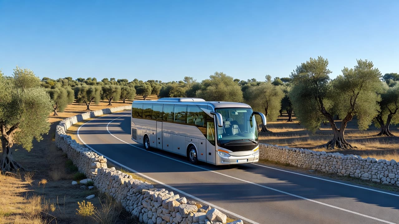 Un moderno autobus interurbano che viaggia su una strada panoramica tra ulivi secolari e tipici muretti a secco della Puglia, luce del sole del mattino, fotografia realistica, alta definizione, nessun testo, nessuno dentro il bus, cielo azzurro terso.