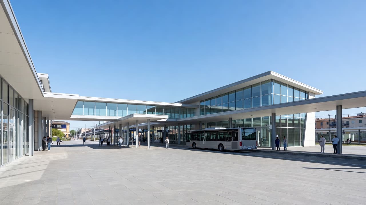 A spacious paved plaza serves as a combined bus and train terminal under a clear blue Italian sky. Modern architectural lines frame the station area with a bus waiting near the platform.