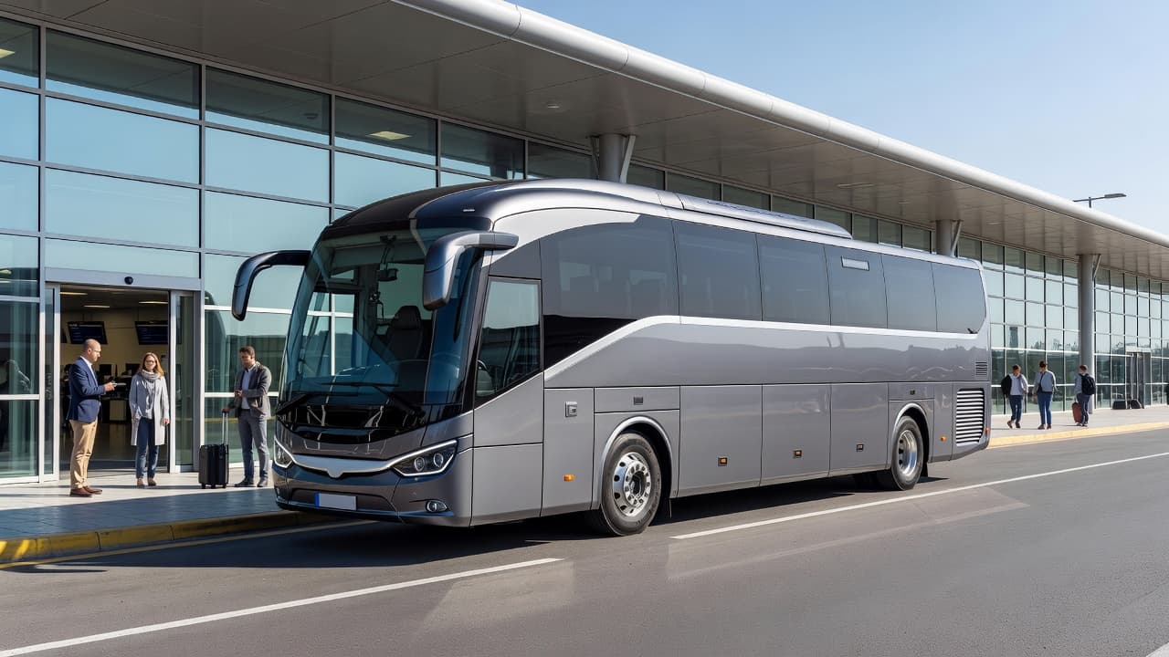A sleek, modern intercity bus parked at a bus terminal or airport curb, bright daylight, realistic style, high quality, no text, no logos, professional travel photography style.