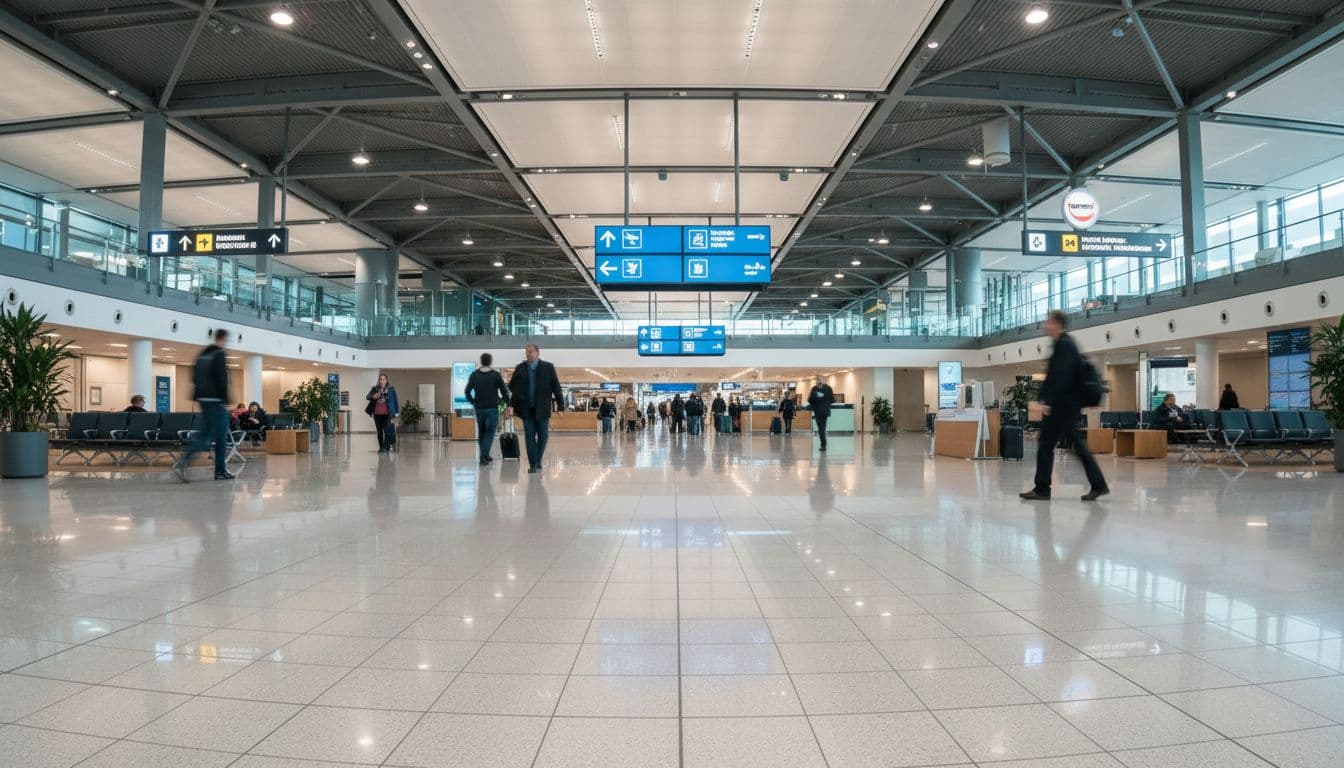 A wide view of a sleek terminal featuring polished marble floors and towering ceilings. Blurred silhouettes of travelers move through the sunlit space, while soft ambient lighting highlights the architecture.
