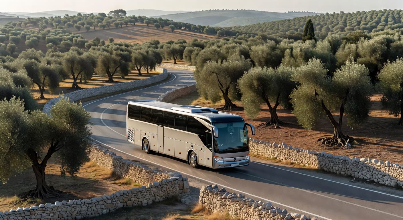 A sleek, contemporary bus travels along a paved road winding through rural Puglia. Ancient olive trees and traditional dry-stone walls line the sun-drenched landscape under a soft morning sky.