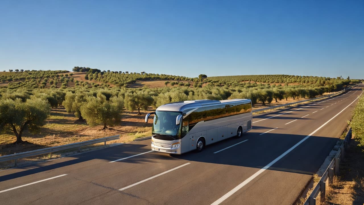 A sleek white bus travels down a sunlit highway through the scenic Puglian countryside. Rows of ancient olive trees line the rolling landscape under a vast and clear blue sky.