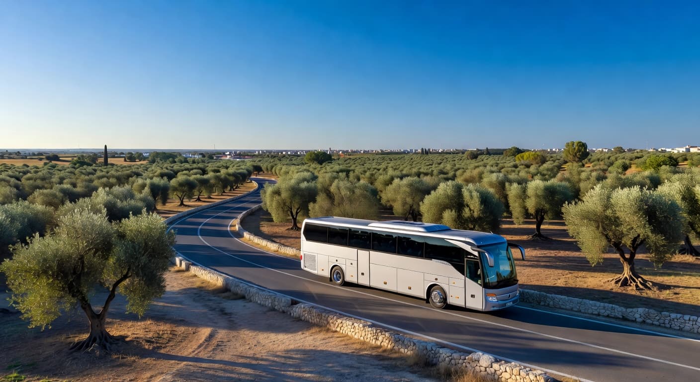 Un autobus moderno percorre una strada regionale pugliese tra ulivi e campagna mediterranea, sotto un cielo limpido del mattino.