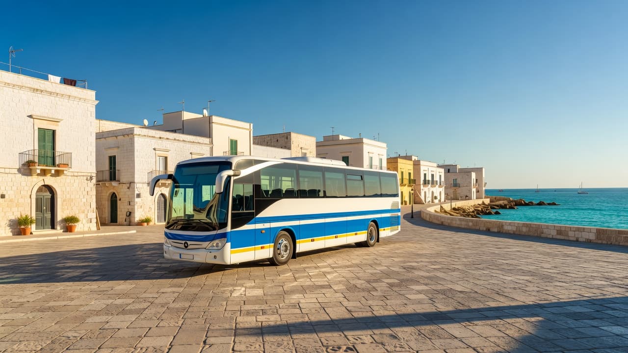 A sleek white coach rests in a vibrant Italian town plaza under a clear azure sky. Golden sunlight reflects off the bus body while historic stone architecture surrounds the quiet area.