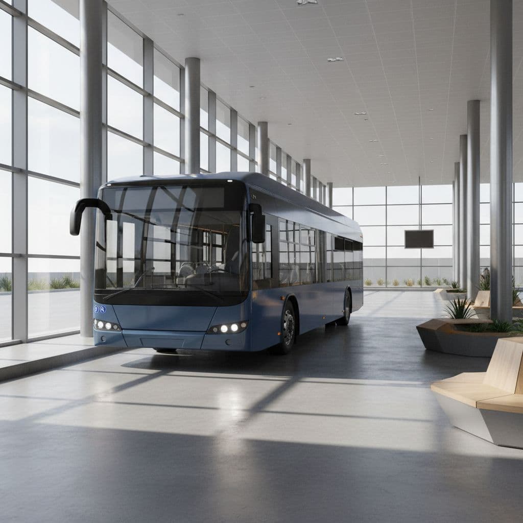 A sleek silver and blue passenger bus sits idling at a sunlit terminal platform. Crisp daylight highlights the polished exterior paint, curved windows, and wide tires against the clean concrete pavement.