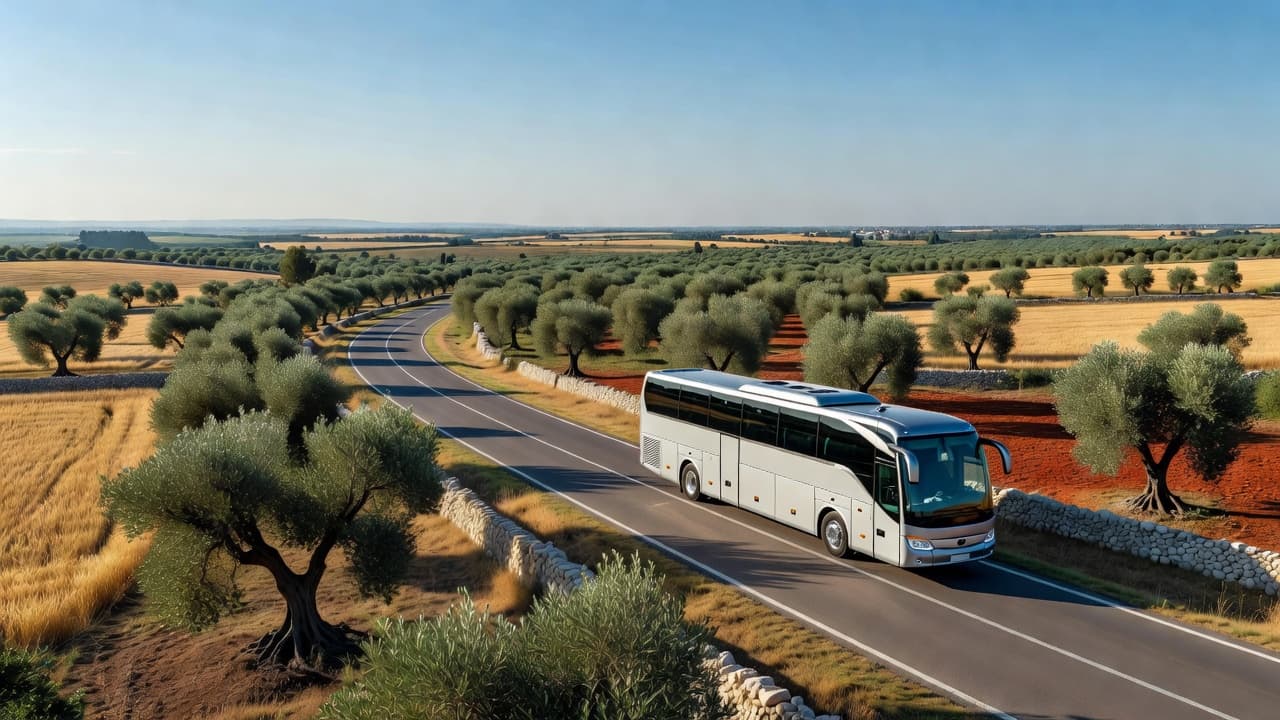 A sleek modern coach travels along a sunny countryside road in Puglia. Ancient olive trees line the path, framed by golden fields under a clear blue sky during the bright day.