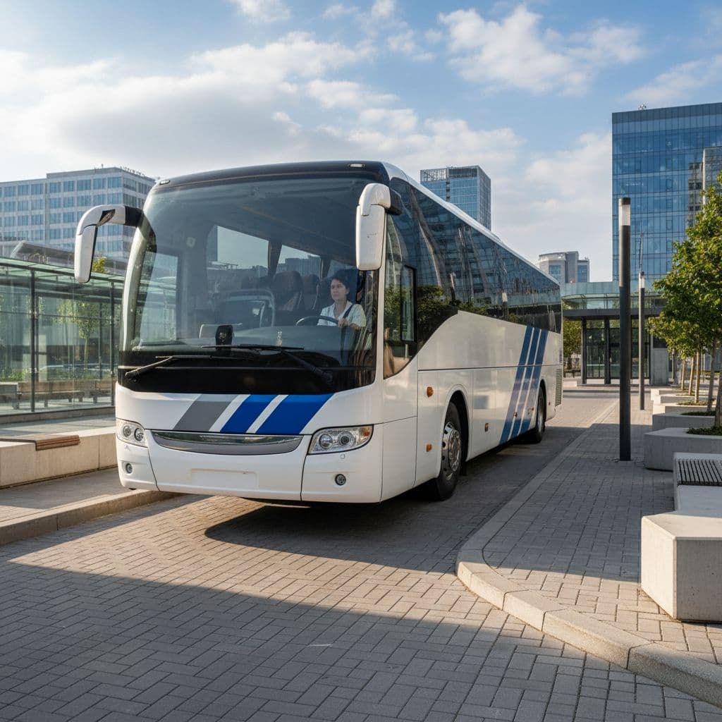 Un autobus moderno per passeggeri parcheggiato in un'area urbana ordinata, con luce naturale del mattino, stile realistico, nessuna scritta e nessun logo, una sola persona alla guida.