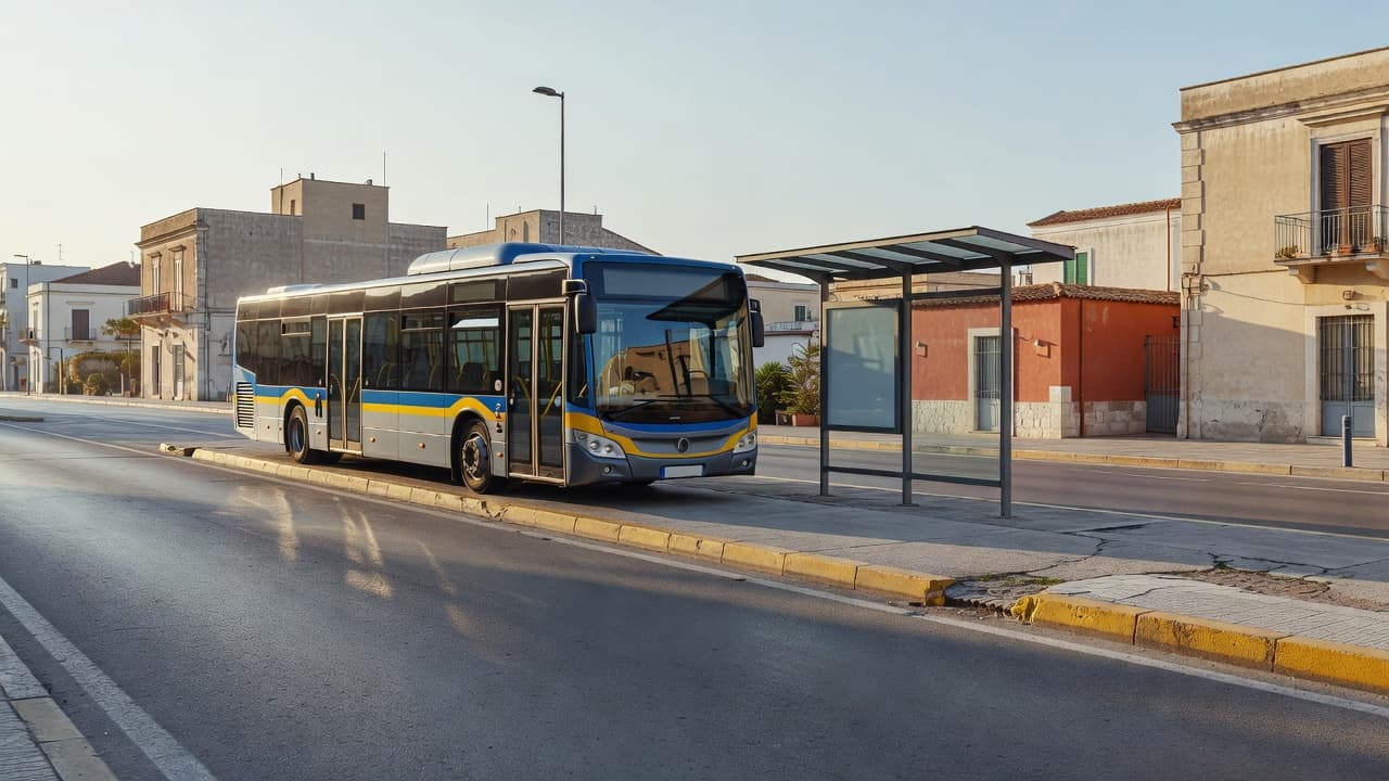 A sleek modern transit bus sits parked at a concrete city stop during a crisp morning. The surrounding urban street features typical Puglian architecture illuminated by soft natural sunlight.