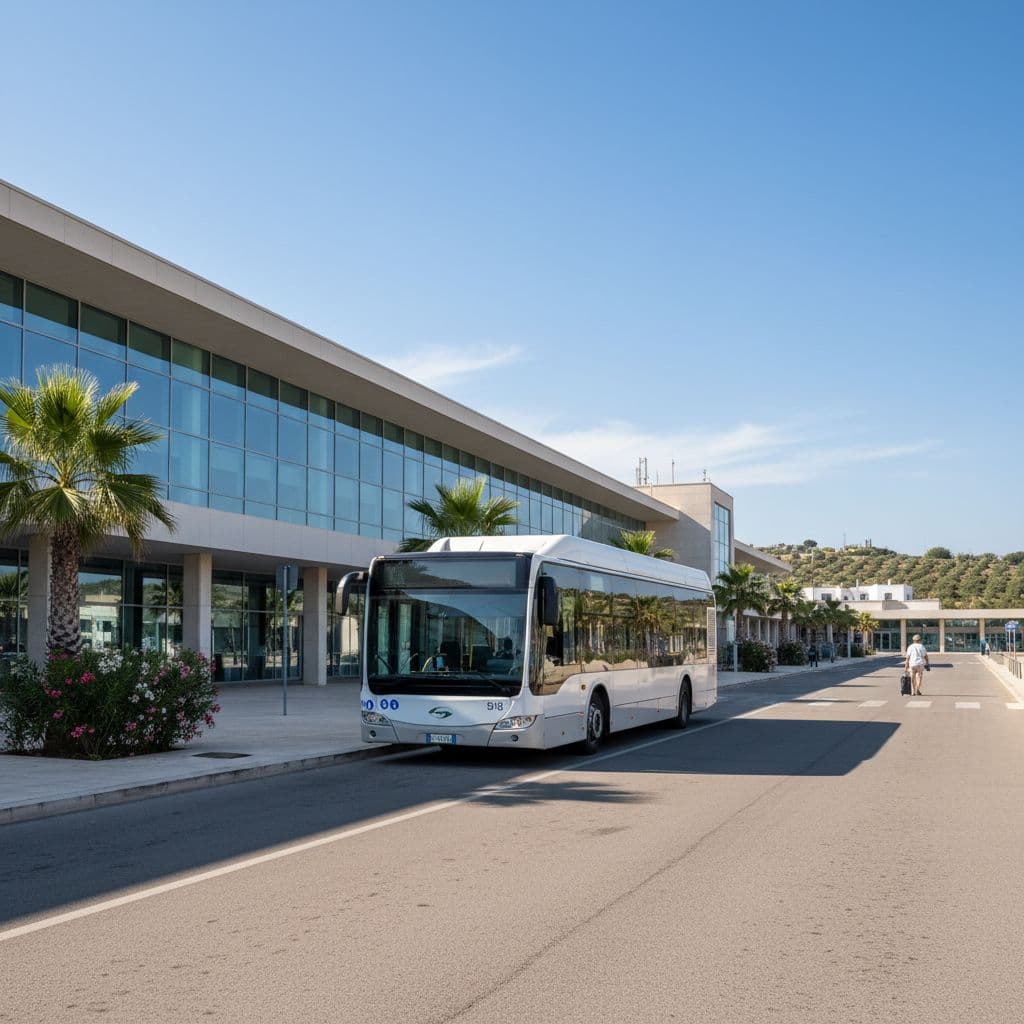 A sleek, contemporary public transport bus sits idling in front of a glass-walled airport terminal. The Mediterranean sunlight highlights the clean architectural lines as a solitary traveler walks nearby.