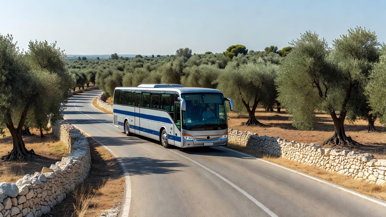 A modern bus travels along a narrow rural road lined with ancient olive trees and dry stone walls. The clear Italian daylight casts soft shadows across the scenic Mediterranean landscape.