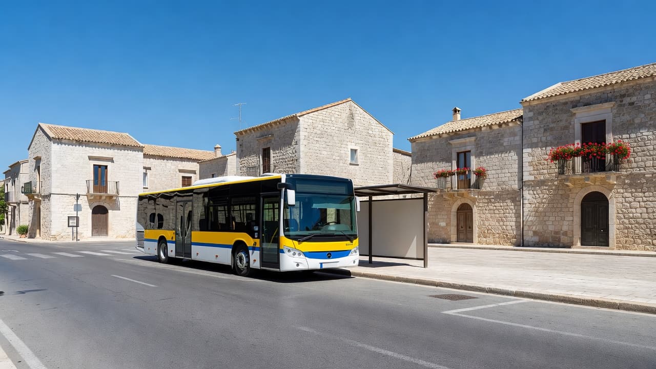 A modern bus sits at a designated stop within a sun-drenched Italian town. Traditional stone architecture lines the street under a vibrant blue sky, highlighting the authentic Southern Italy travel aesthetic.