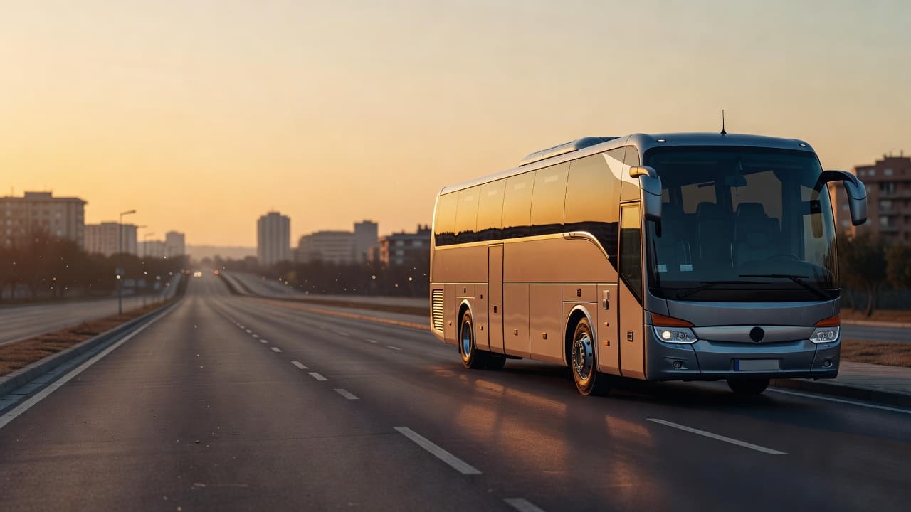 A sleek professional coach stands parked on an urban street at dusk. The golden sunset glow illuminates the asphalt road stretching toward the horizon, creating a peaceful and efficient travel atmosphere.