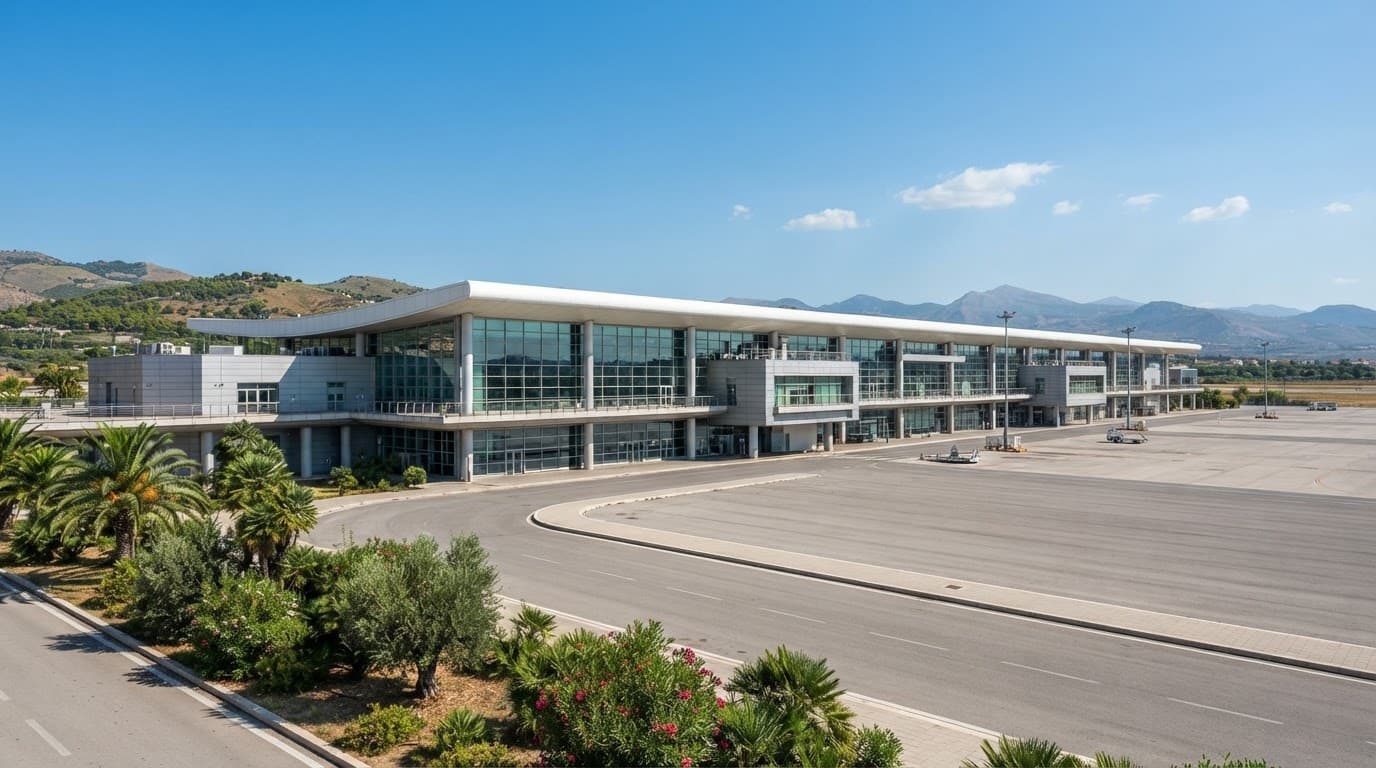 Vista esterna del terminal dell'aeroporto di Palermo sotto un cielo azzurro e sereno.