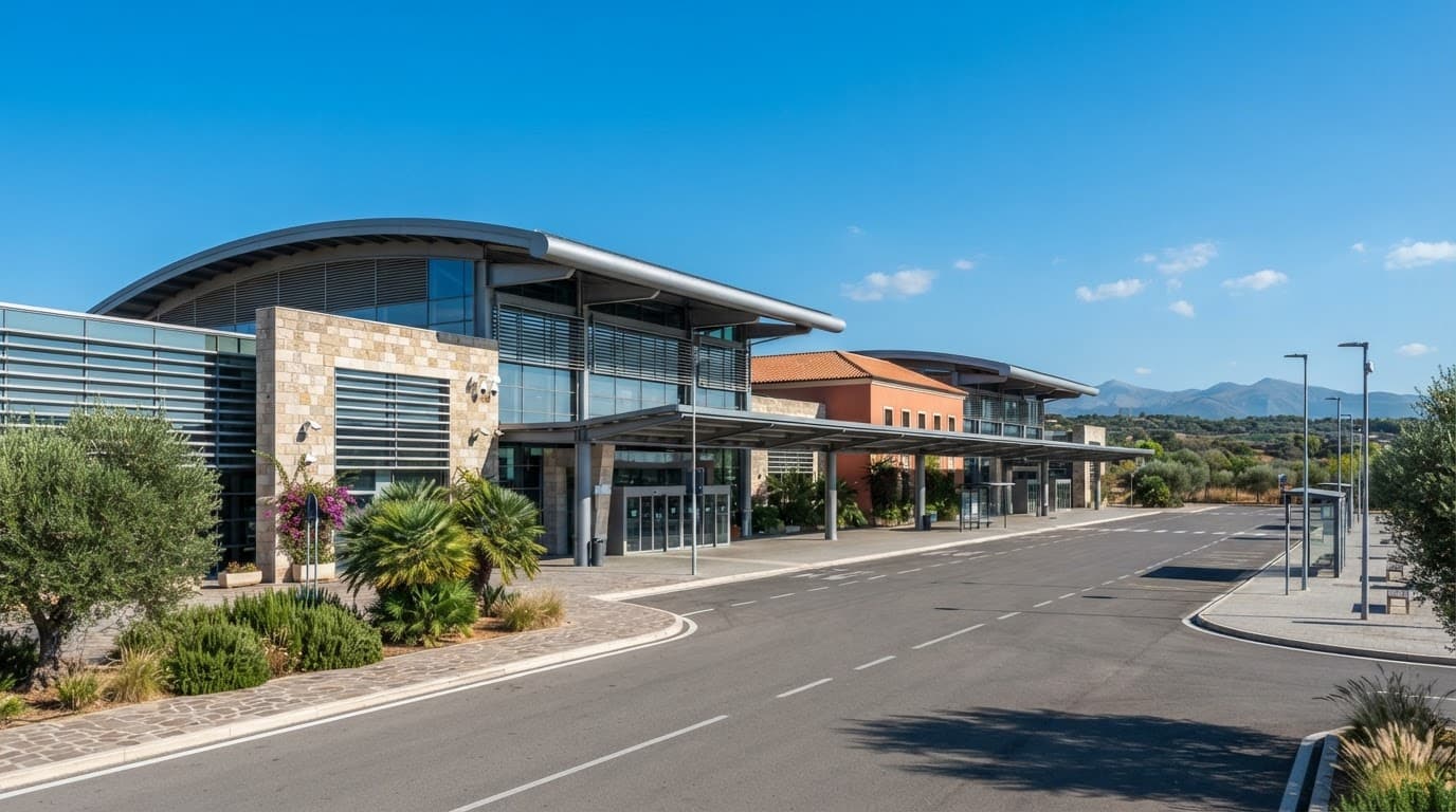 La moderna facciata di un terminal aeroportuale sotto un cielo azzurro.