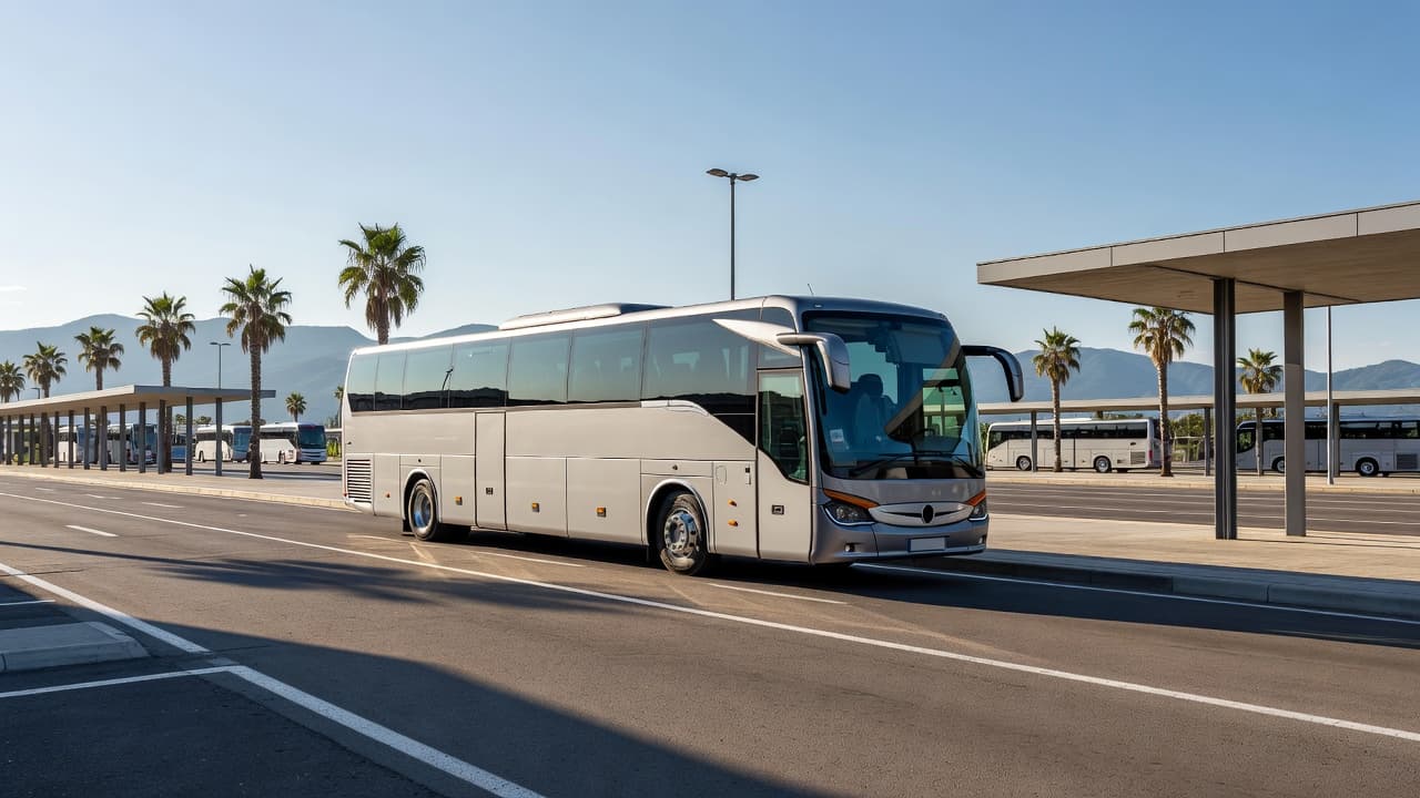 Un moderno autobus turistico parcheggiato in un terminal illuminato dal sole.