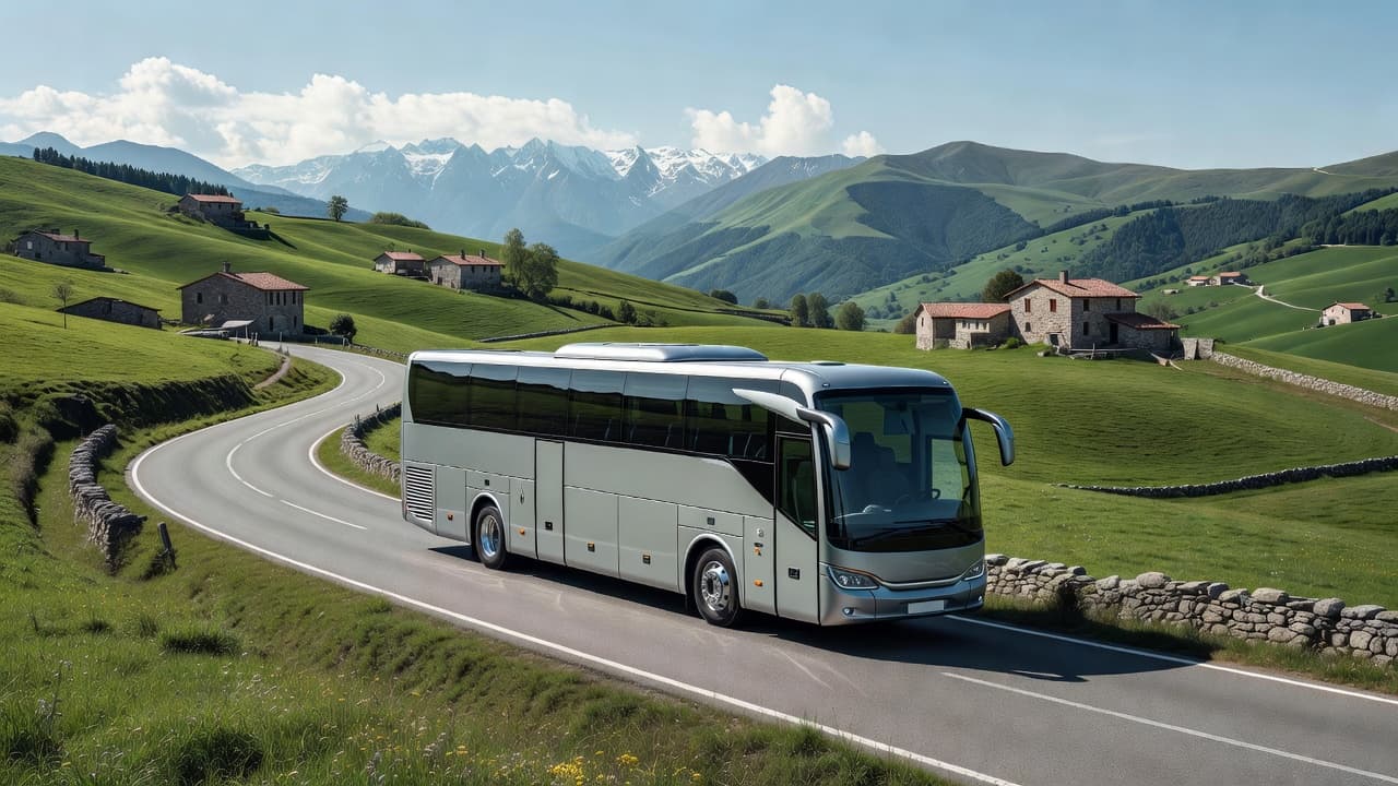 Un elegante autobus turistico percorre una strada asfaltata circondata da verdi colline nel nord Italia. La luce solare del mattino illumina il veicolo che attraversa un paesaggio naturale sereno e vasto.