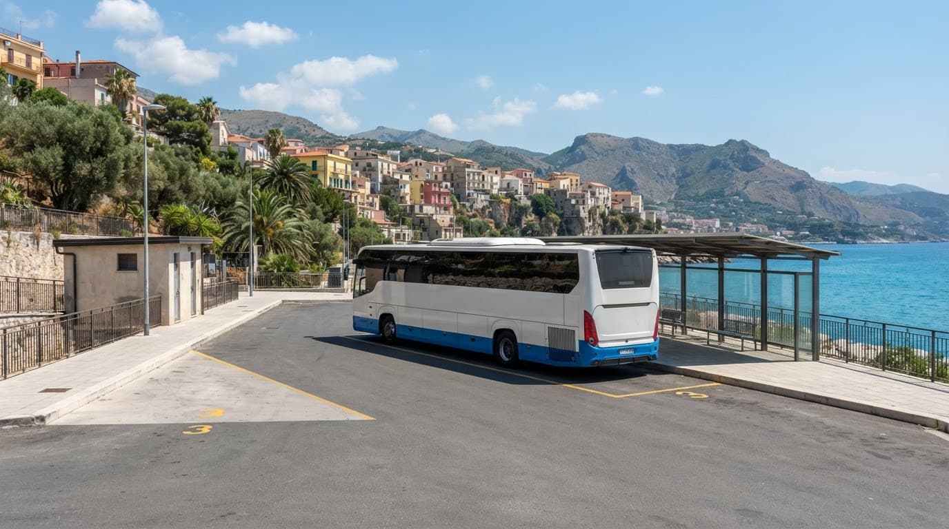Un autobus moderno parcheggiato in una stazione soleggiata in Calabria.
