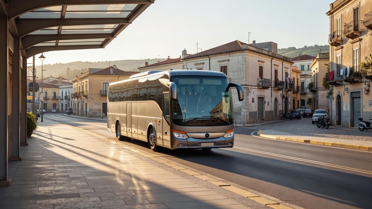 Un autobus moderno sosta presso una stazione siciliana sotto la luce del mattino.