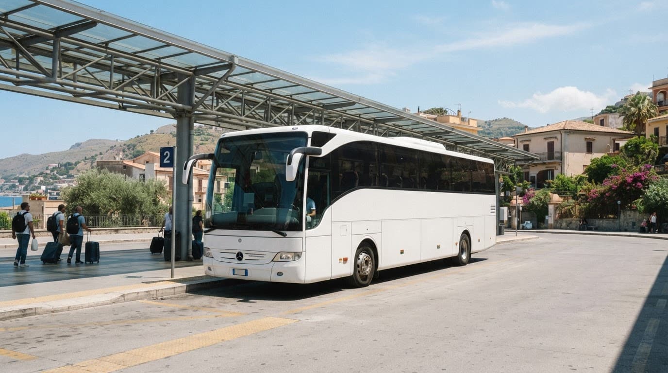 Autobus regionale moderno fermo in una stazione siciliana soleggiata.
