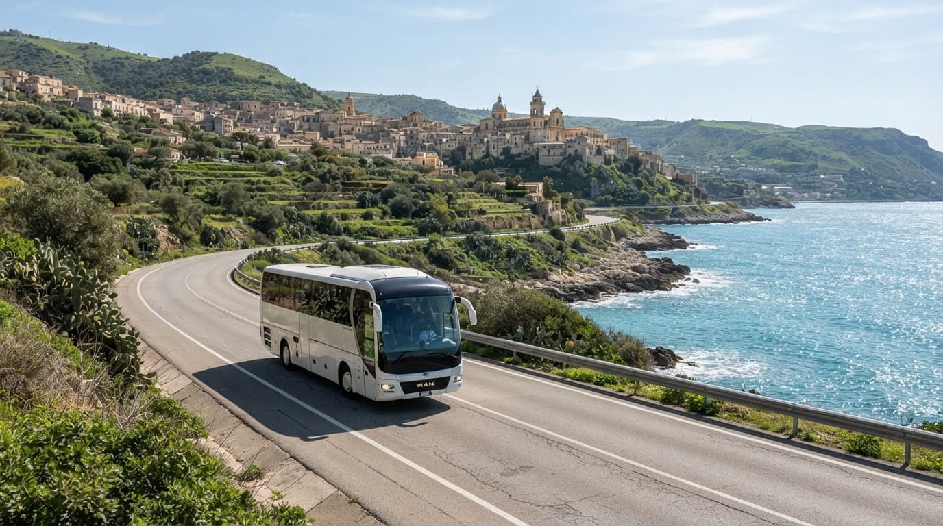Un autobus bianco percorre una strada panoramica baciata dal sole in Sicilia.