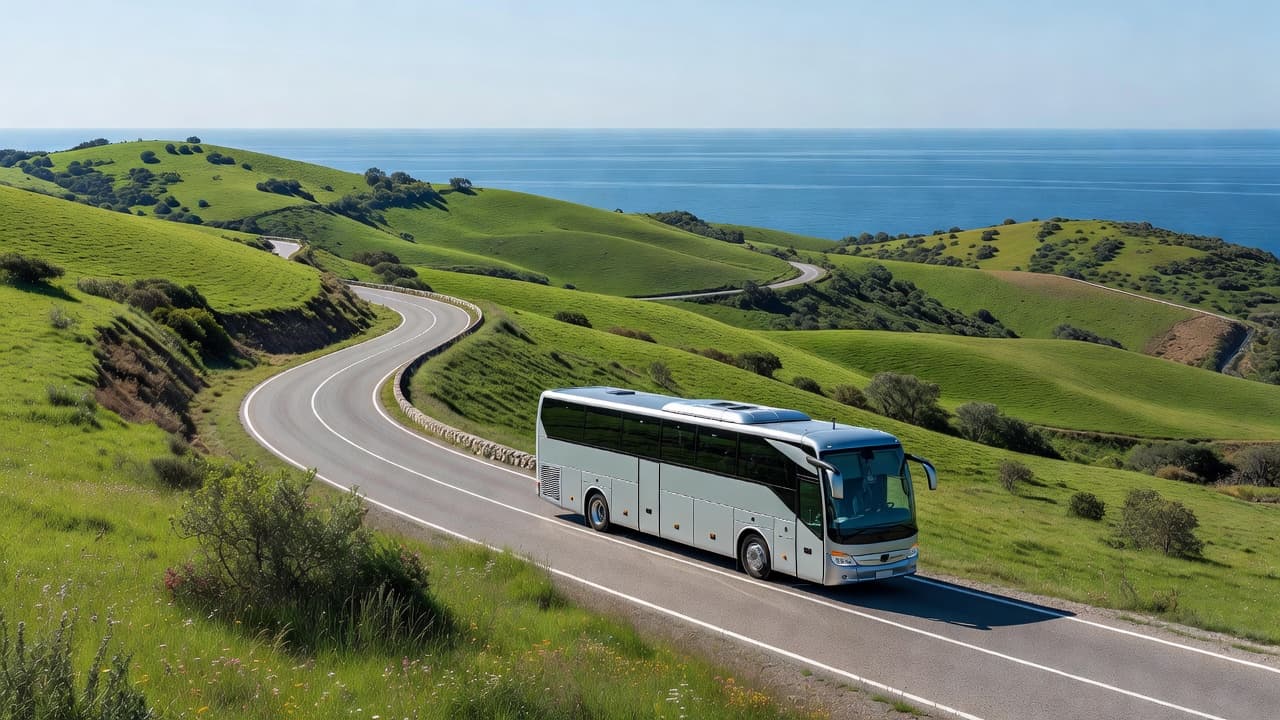 Un pullman viaggia su una strada panoramica lungo la costa siciliana.